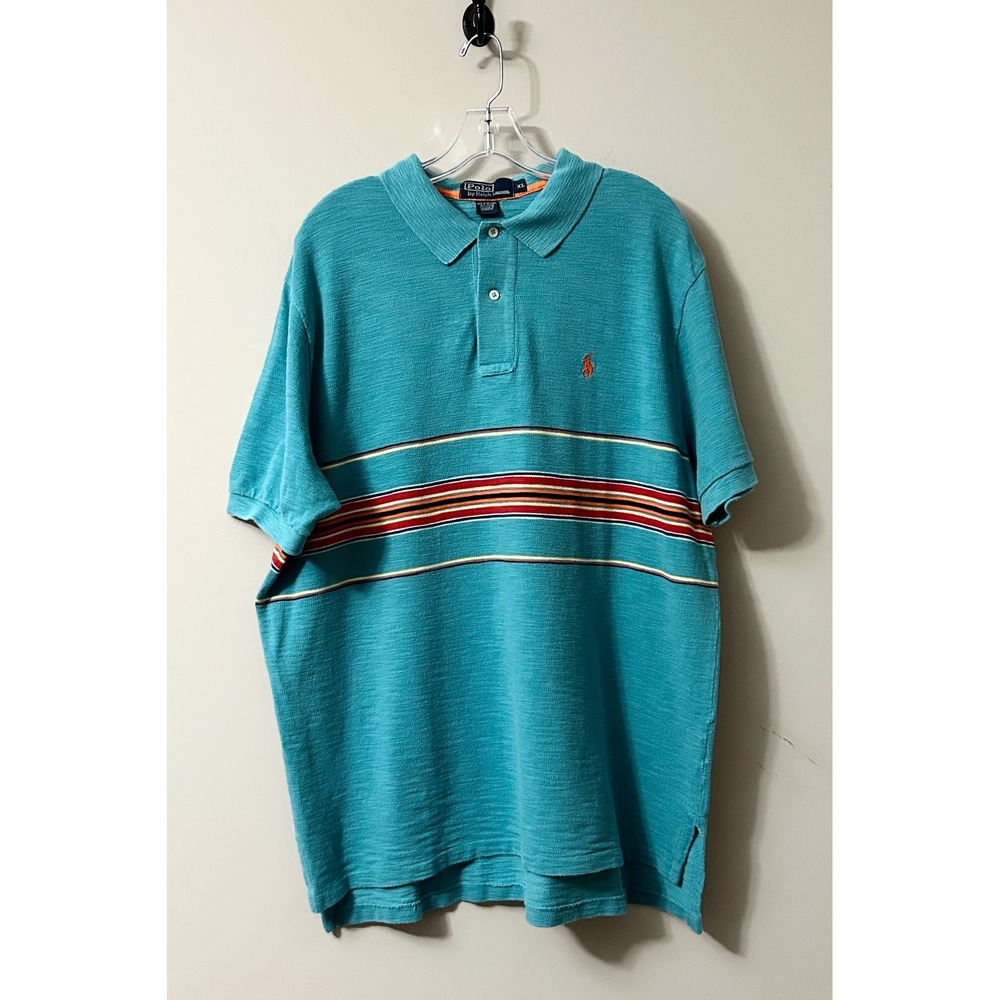 Polo Ralph Lauren Men's XL Teal Striped Slub Knit Polo Orange Pony Logo